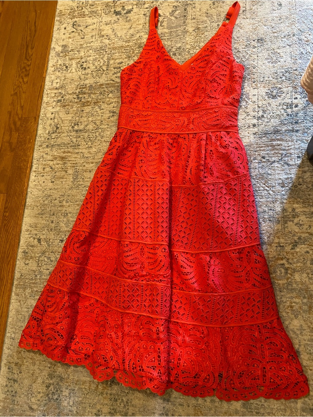 Adelyn Rae Red Lace Dress with Scalloped Detail